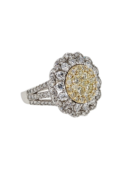 Natural Yellow & White Diamond Cluster Ring in 14K White Gold