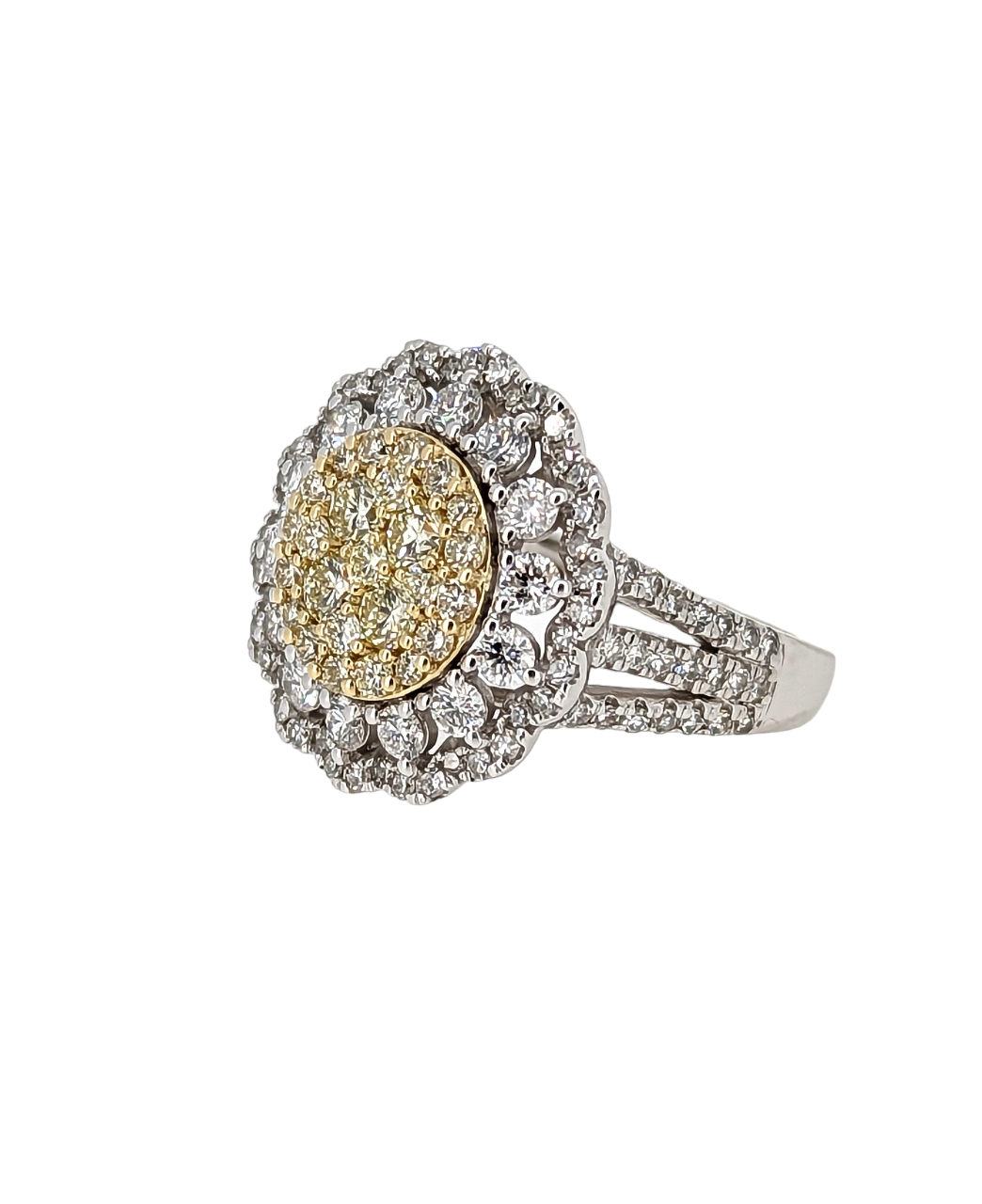 Natural Yellow & White Diamond Cluster Ring in 14K White Gold