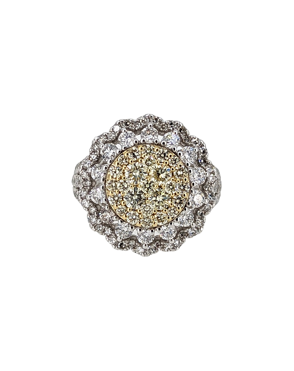 Natural Yellow & White Diamond Cluster Ring in 14K White Gold