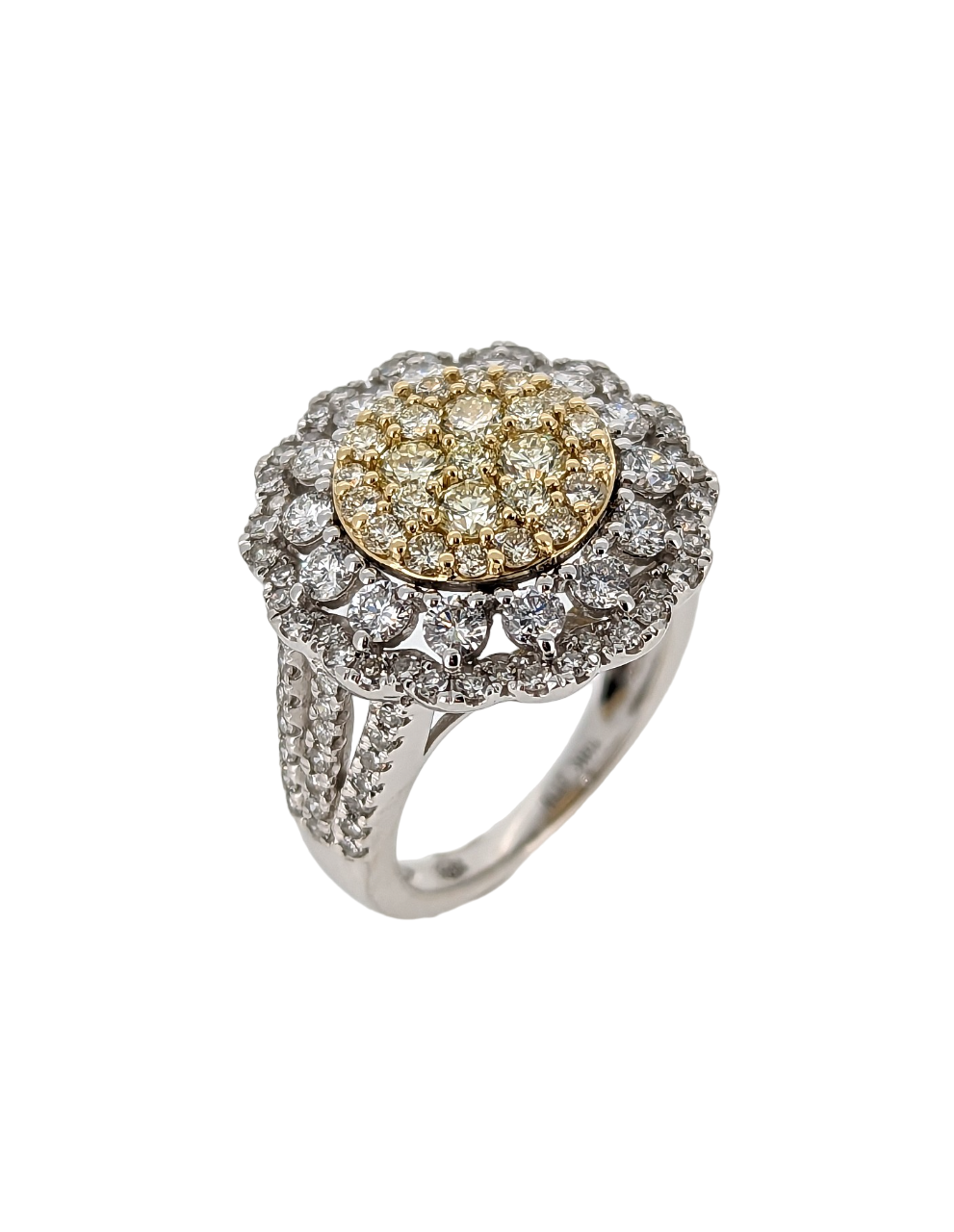 Natural Yellow & White Diamond Cluster Ring in 14K White Gold