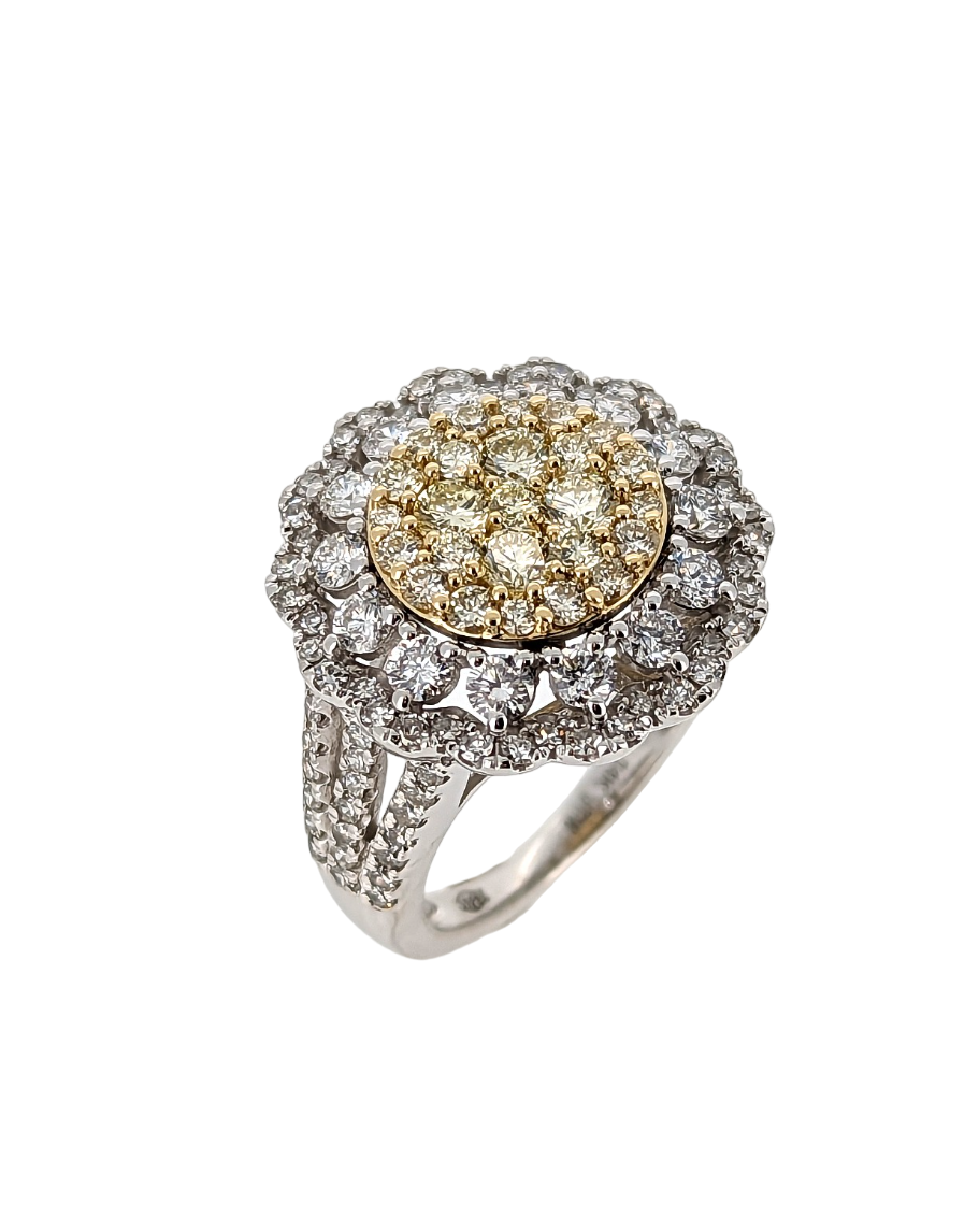 Natural Yellow & White Diamond Cluster Ring in 14K White Gold