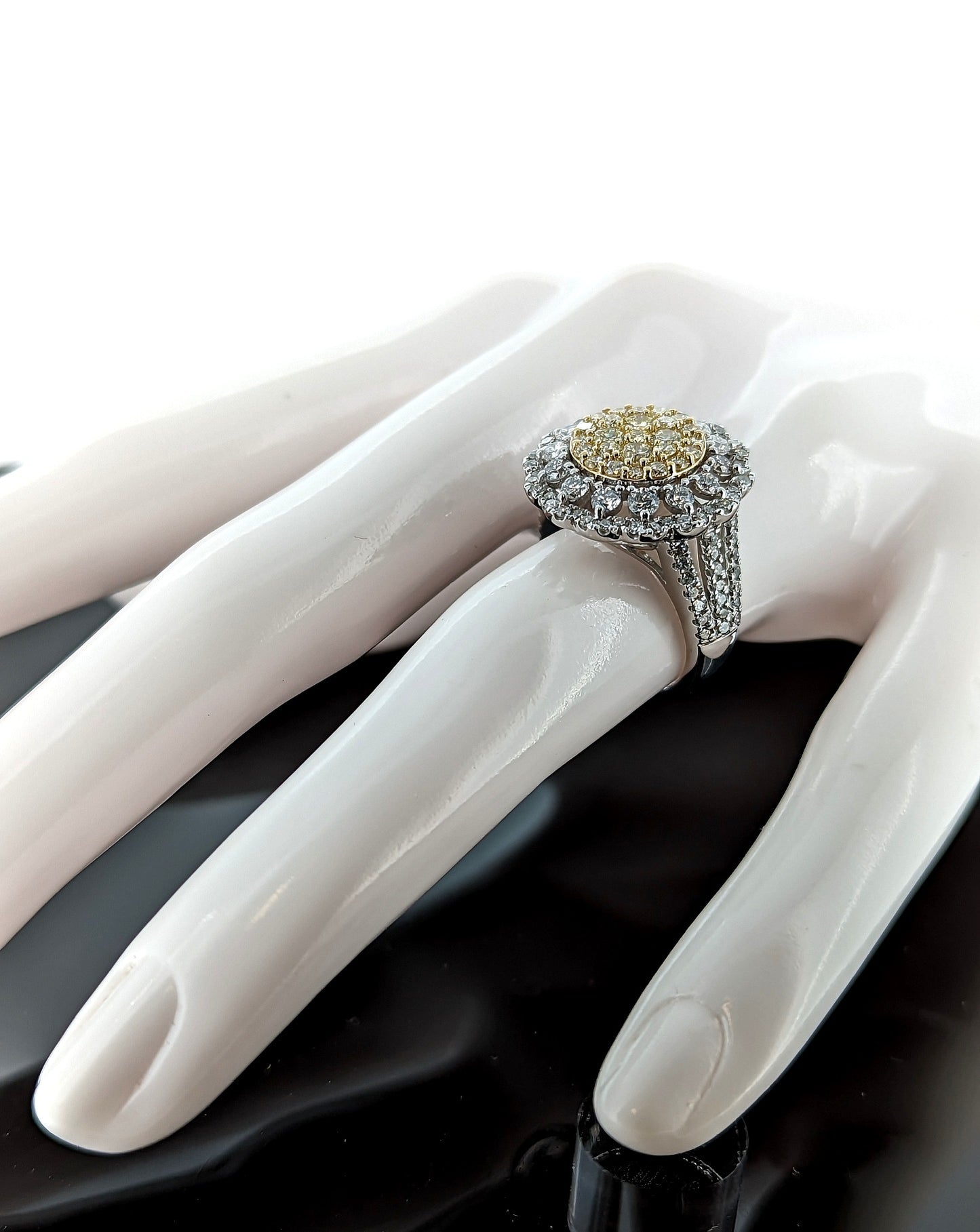 Natural Yellow & White Diamond Cluster Ring in 14K White Gold